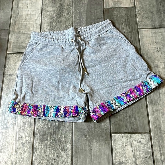 Terez Pastel Rainbow Sequin trim cotton gym shorts medium gray new with tags - Picture 1 of 5
